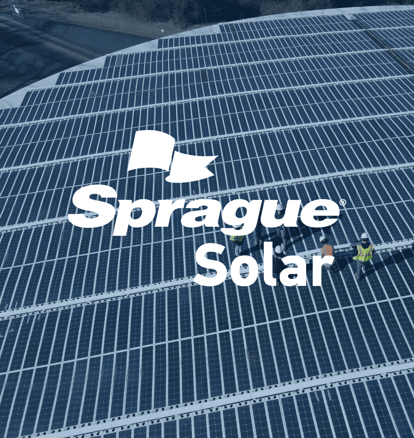Untitled design (52) Aerial view of workers inspecting a large solar panel installation on a circular tank roof, overlaid with the Sprague Solar logo