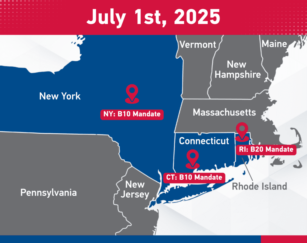 Map highlighting biodiesel mandates effective July 1, 2025: B10 in New York and Connecticut, B20 in Rhode Island.