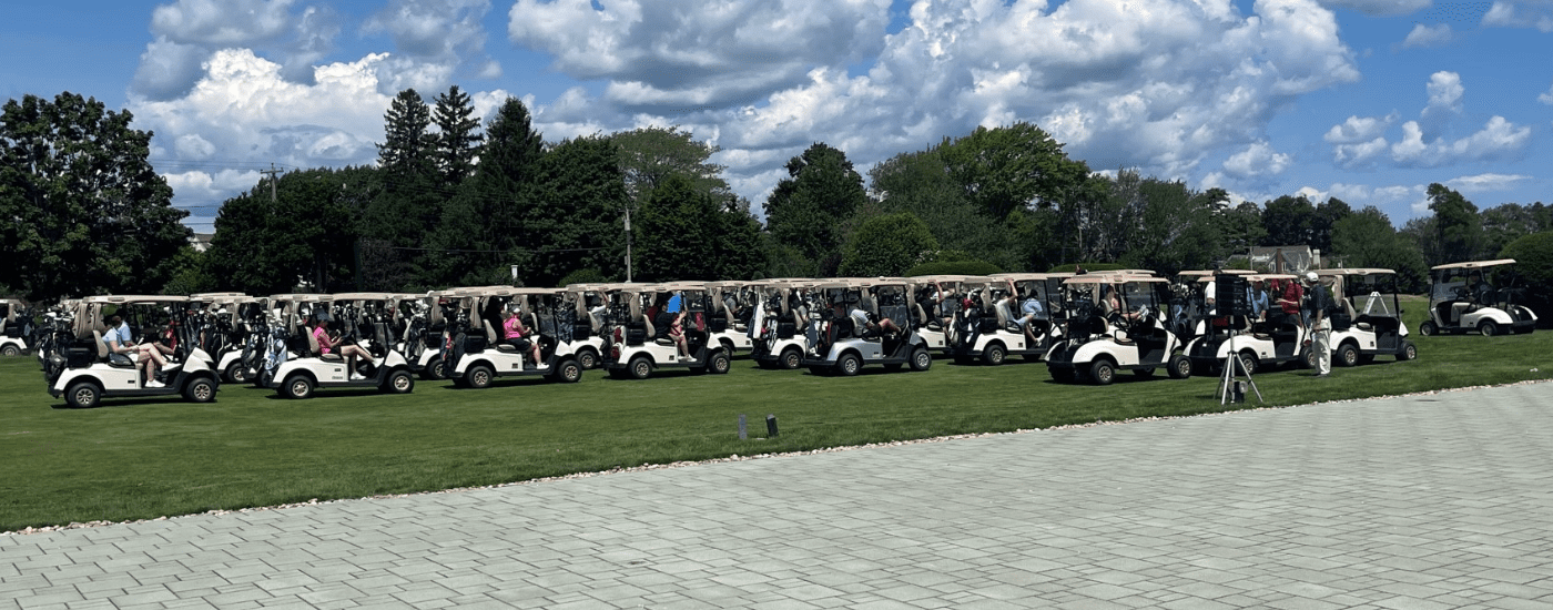 Row of golf carts at a golf course