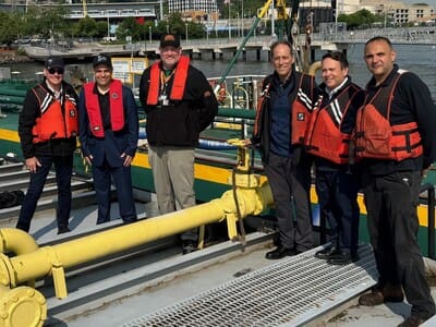 NYC DCAS team with Sprague Energy during renewable diesel fueling. Pictured left to right: Captain John Garvey, Deputy Commissioner and Chief Operations Officer for City of NY DOT Staten Island Ferry; Keith Kerman, Deputy Commissioner Fleet Management DCAS, City of NY; Brad Hopper, Senior Port Engineer, SI Ferry, NYC DOT; Steven J. Levy MD, Sprague Energy; Harris A. Kaplan, Director of Fleet Operations, DCAS, City of New York; and Karim Elgallad Chief Engineer, NYC DOT Staten Island ferry. NYC DCAS team with Sprague Energy during renewable diesel fueling. Pictured left to right: Captain John Garvey, Deputy Commissioner and Chief Operations Officer for City of NY DOT Staten Island Ferry; Keith Kerman, Deputy Commissioner Fleet Management DCAS, City of NY; Brad Hopper, Senior Port Engineer, SI Ferry, NYC DOT; Steven J. Levy MD, Sprague Energy; Harris A. Kaplan, Director of Fleet Operations, DCAS, City of New York; and Karim Elgallad Chief Engineer, NYC DOT Staten Island ferry.