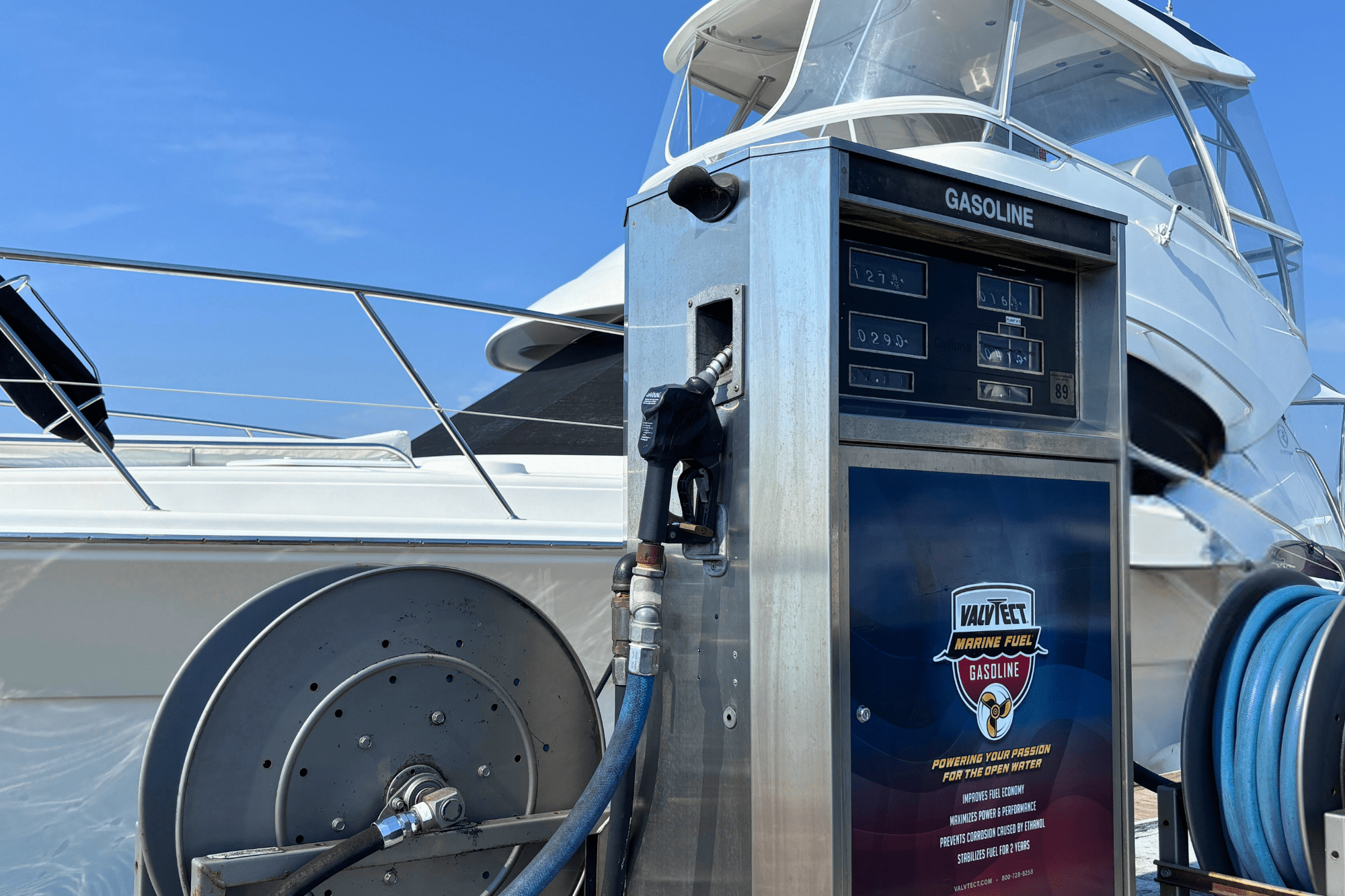 Valvtect Fuel Pump Valvtect marine Fuel pump in front of boat