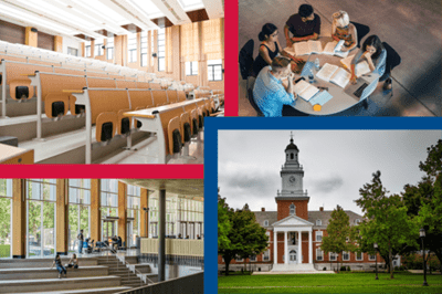 Collage of students, classrooms, school buildings, and the campus