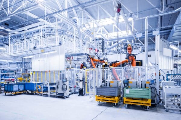 Automated manufacturing facility with robotic arms and industrial equipment on a production line.